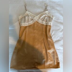 La Hearts Tan and White Satin Chemise with Lace Trim